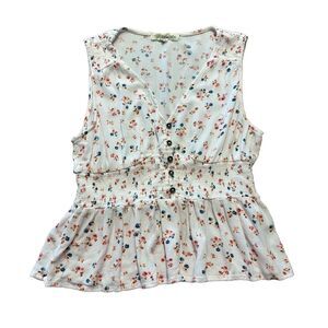 Rewind Womens Medium Tops White Pink Floral‎ Shirt V Neck Sleeveless Cute Summer